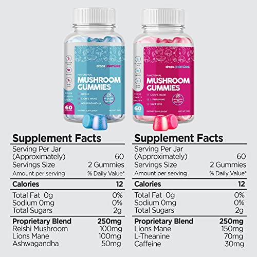 Mushroom Gummies - Ashwagandha Gummies, Lion’s Mane, Reishi, L-Theanine 2 Pack, Mushroom Powder Supplement Supports Immune Defense, Boosts Cognitive Performance, Vegan, 120 Gummy Chews