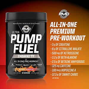 PMD Sports Ultra Pump Fuel Insanity - Pre Workout Drink Mix for Energy, Strength, Endurance, Muscle Pumps and Recovery - Complex Carbohydrates and Amino Energy - Miami Sunrise (30 Servings)