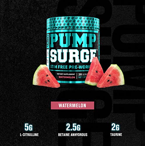 PUMPSURGE Caffeine Free Pump & Nootropic Pre Workout Supplement, Non Stimulant Preworkout Powder & Nitric Oxide Booster - 20 Servings, Watermelon