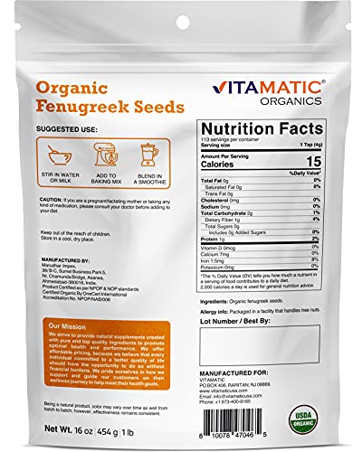 Vitamatic Certified USDA Organic Fenugreek Seeds 1 Pound (16 Ounce) - Also called Methi Seeds