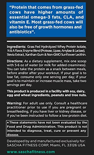 Sascha Fitness Hydrolyzed Whey Protein Isolate,100% Grass-Fed (2 Pounds, Vanilla)