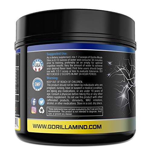 Gorilla Mode Stim Energy Pre-Workout Formula - Intense Focus & Clean Mental Energy / L-Tyrosine, Kanna, Caffeine, N-Phenethyl Dimethylamine Citrate, Huperzine A / 178 Grams (Lemon Lime)