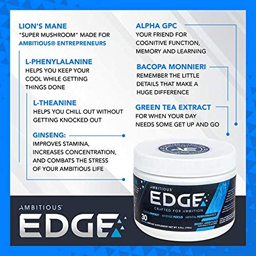 Ambitious® Edge Berry Flavored Nootropic Drink Mix | Top Brain Booster Supplement for Energy, Focus & Clarity with Lions Mane, Alpha GPC, Bacopa Monnieri, GABA, Ginseng, Green Tea | Sugar Free