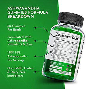 Ashwagandha Gummies - 1500MG Ashwagandha Per Serving - Relieves Stress, Improves Mood, Boosts Energy Levels & Strengthens Immune System - Formulated with Vitamin D & Zinc - Vegan - 60 Gummies