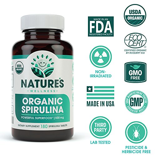 USDA Organic Spirulina Tablets - Non-GMO Green Superfood Supplement: 3000mg of Fresh Blue Green Algae, Vegan, Gluten Free, Sustainably Grown, Pesticides Free and Non-Irradiated, 500mg per Tablet, 180'