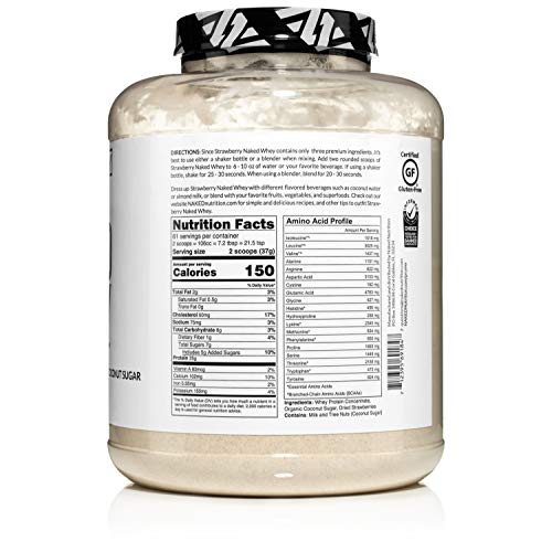 Strawberry Whey Protein - All Natural Grass Fed Whey Protein Powder + Dried Strawberries + Coconut Sugar- 5lb Bulk, GMO-Free, Soy Free, Gluten Free. Aid Muscle Growth & Recovery - 61 Servings