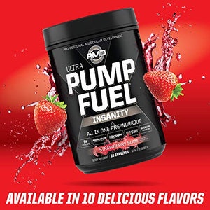 PMD Sports Ultra Pump Fuel Insanity - Pre Workout Drink Mix for Energy, Strength, Endurance, Muscle Pumps and Recovery - Complex Carbohydrates and Amino Energy - Strawberry Slam (30 Servings)