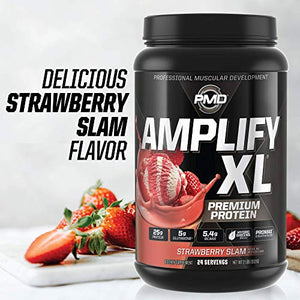 PMD Sports Amplify XL Premium Whey Protein Supplement Hydro Greens Blend - Glutamine and Whey Protein Matrix with Superfood for Muscle, Strength and Recovery - Strawberry Slam (24 Servings)