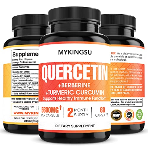 Quercetin Capsules with Berberine, Turmeric Curcumin - 5600mg Per Capsule - Supports Cardiovascular Health, Immune System - 60 Capsules - 2 Month Supply