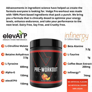 Vedge Nutrition Peach Mango Pre-Workout | Vegan Pre-Workout | Dairy Free, Soy Free, Non-GMO | Long Lasting Energy, No Crash | Caffeine, Citrulline Malate, Nitric Oxide Booster | 40 Servings