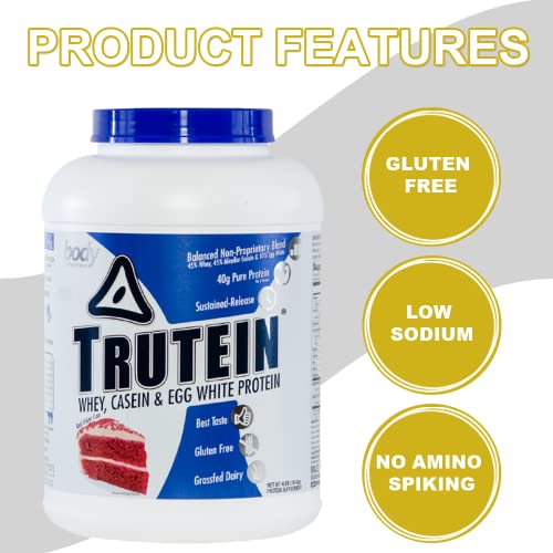 Body Nutrition Protein Powder - Trutein Red Velvet Cake 4lb Whey, Casein & Egg White - Natural Low Carb Keto Friendly Drink - Zero Sugar - Lean Muscle Builder, Weight Loss, Workout, Recovery