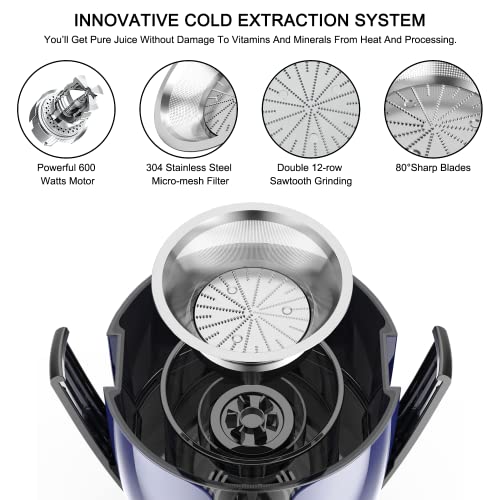 Electric Juicer, Centrifugal Juicers Machine for Fruit / Vegetables with Wide Feed Chute, 600W Updated Motor Fast Juice, Non-slip Design, BPA Free, Easy Clean with Brush… (Blue)