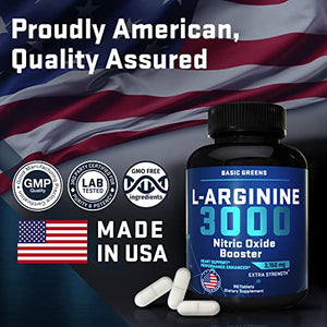 BASIC GREENS L Arginine | Premium L-Arginine Supplement for Men and Women with Nitric Oxide Booster, L-Arginine Workout - High Energy & Stamina, Boost Muscle Size, Faster Muscle Recovery