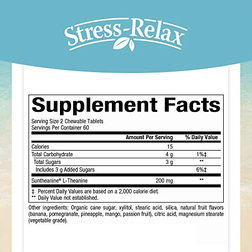 Stress-Relax Chewable Suntheanine L-Theanine 100 mg by Natural Factors, Non-Drowsy Stress Support for Mental Calmness and Relaxation, Tropical Fruit Flavor, 120 Tablets