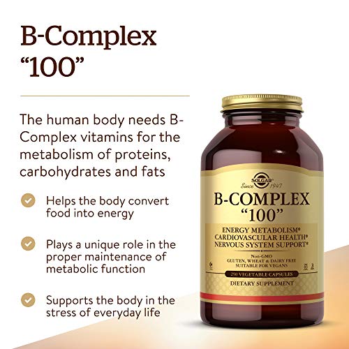 Solgar B-Complex "100", 250 Vegetable Capsules - Heart Health - Nervous System Support - Supports Energy Metabolism - Non-GMO, Vegan, Gluten Free, Dairy Free, Kosher, Halal - 250 Servings