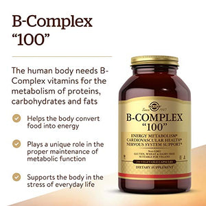 Solgar B-Complex "100", 250 Vegetable Capsules - Heart Health - Nervous System Support - Supports Energy Metabolism - Non-GMO, Vegan, Gluten Free, Dairy Free, Kosher, Halal - 250 Servings