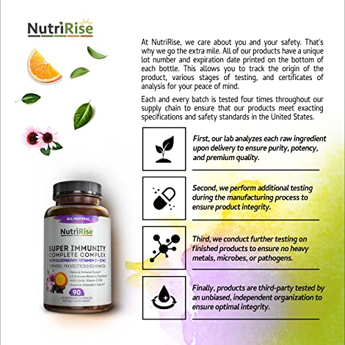 Immunity Complex Immune Support Supplement - 10 Super-Concentrated Ingredients: Vitamin C E B6 Zinc L-Glutamine Elderberry Echinacea Garlic Turmeric Curcumin 7.2 Billion CFU Probiotics For Men & Women