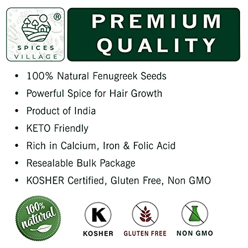 SPICES VILLAGE Fenugreek Seeds [8 oz] - Fenugreek Seeds for Hair Growth, All Natural Dried Indian Methi Seed for Cooking - Kosher Certified, Gluten Free, Resealable Bulk Bag