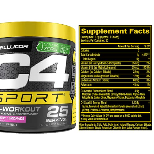 C4 Sport Pre Workout Powder Straberry Lemonade - Naturally Sweetened + Sugar Free Preworkout Energy Supplement for Men & Women - 135mg Caffeine + Creatine - 25 Servings