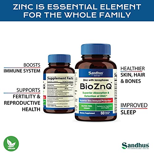 BioZnQ Zinc + Quercetin with Ionophores for Immune Protection Highly Absorbable Bioavailable Zinc Supplements,Gluten Free Zinc Supplement for Healthy Aging 60 Vegetarian Capsules