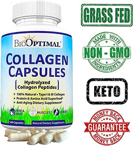 BioOptimal Collagen Pills - Collagen Supplements, 180 Capsules, for Skin, Hair, Nails & Joints, for Women & Men, Grass Fed, Non-GMO, Pasture Raised, Premium Quality