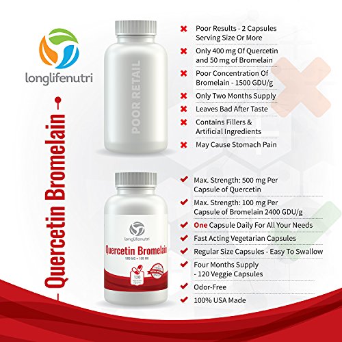 Quercetin 500mg with Bromelain 100mg 120 Vegetarian Capsules | Natural Anti Inflammatory Antioxidant Supplement | Allergy Relief Complex | Heart Health | Dihydrate Pure Powder Extract Cap 500 mg Plus
