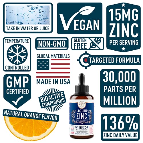 Windsor Botanicals Maximum Strength Vegan Liquid Zinc Sulphate - Ultra-Concentrated, Rapidly Absorbed Ionic Zinc - Clinical-Grade, Vegan Mineral Formula - 2 oz