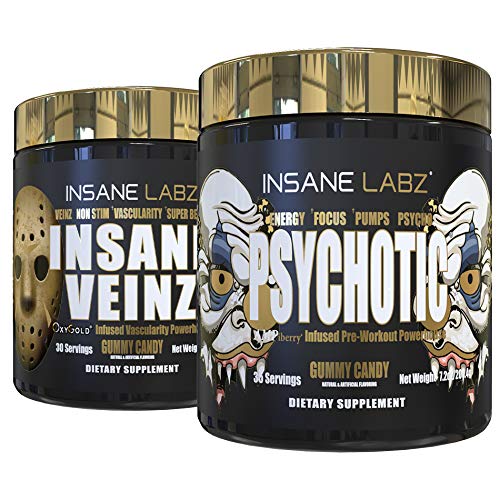 Insane Labz Psychotic Gold and Insane Veinz Gold Pre Workout Nitric Oxide Booster Stack, Increase Muscle Mass, Vascularity, Strength, Energy, Focus, Gummy Candy