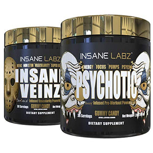 Insane Labz Psychotic Gold and Insane Veinz Gold Pre Workout Nitric Oxide Booster Stack, Increase Muscle Mass, Vascularity, Strength, Energy, Focus, Gummy Candy