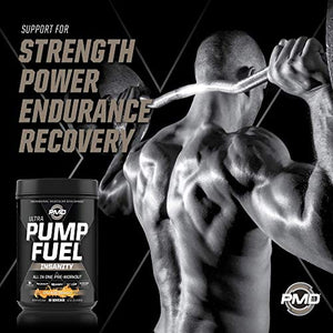 PMD Sports Ultra Pump Fuel Insanity - Pre Workout Drink Mix for Energy, Strength, Endurance, Muscle Pumps and Recovery - Complex Carbohydrates and Amino Energy - Tropical Orange Mango (30 Servings)