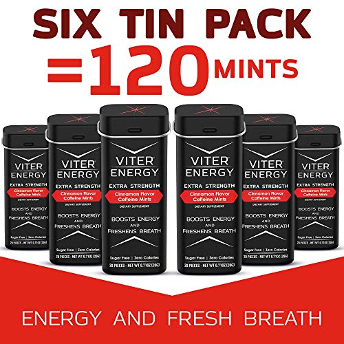 Viter Energy Extra Strength Caffeinated Mints - 80mg Caffeine, B Vitamins, Sugar Free Vegan Breath Mint. Powerful Energizing Boost. 1 Mint Replaces 1 Coffee, Gum, Chews, Gummies (Cinnamon, 6 Pack)