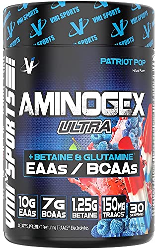 VMI Sports | Aminogex Ultra | BCAA Powder | Amino Acids + Betaine and Glutamine | Amino Acid Post Workout Recovery Drink | Intra Workout Drink with TRAACS Electrolytes | (30 Servings) (Patriot Pop)