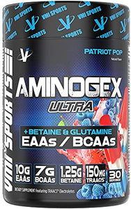 VMI Sports | Aminogex Ultra | BCAA Powder | Amino Acids + Betaine and Glutamine | Amino Acid Post Workout Recovery Drink | Intra Workout Drink with TRAACS Electrolytes | (30 Servings) (Patriot Pop)