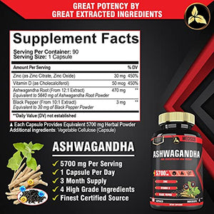 4in1 Organic Ashwagandha with Zn.c, VitaminD and Black Pepper Equivalent 5700 mg Powder - Thyroid, Test, Immune Support - 90 Capsules - 3 Month Supply