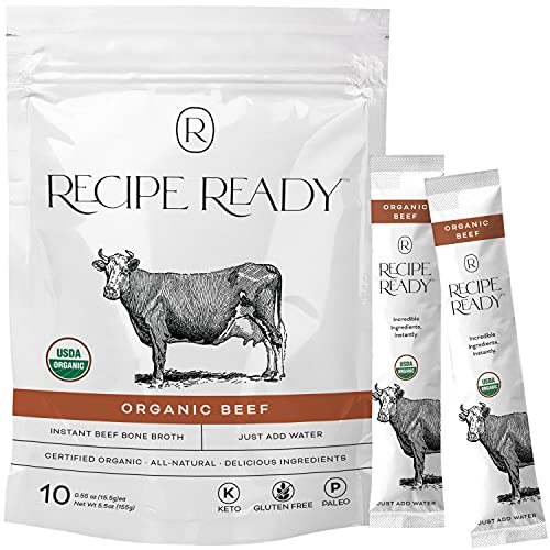 Recipe Ready Instant Organic Beef Bone Broth Packets, 10ct. Solar Energy Produced Single Serve Beef Broth & Bone Broth Soup - 100% Natural Organic Bone Broth Protein Powder, Bone Broth Collagen