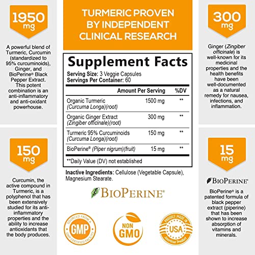 Turmeric Curcumin with BioPerine & Ginger 95% Curcuminoids 1950mg - Black Pepper for Absorption, Made in USA, Natural Immune Support, Turmeric Ginger Supplement by Natures Nutrition - 180 Capsules