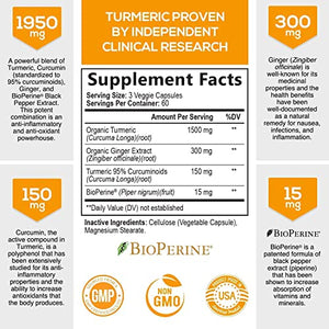 Turmeric Curcumin with BioPerine & Ginger 95% Curcuminoids 1950mg - Black Pepper for Absorption, Made in USA, Natural Immune Support, Turmeric Ginger Supplement by Natures Nutrition - 180 Capsules