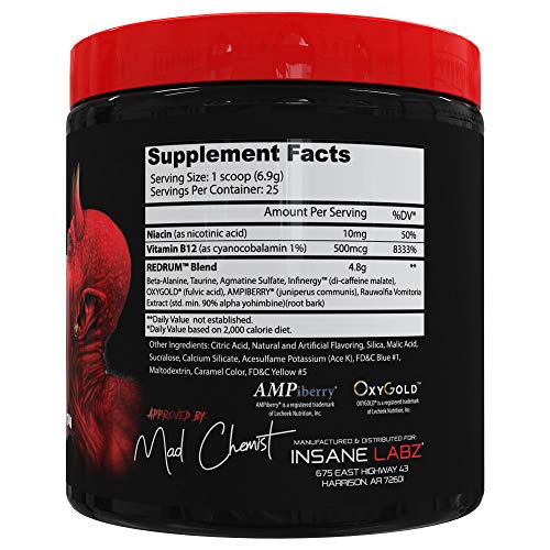 Insane Labz Redrum High Stim Pre Workout NO Booster Powder, Loaded with Beta Alanine Agmatine Sulfate Taurine Fueled by AMPiberry, OXYgold,Focus Strength Recovery, 25 Srvgs, Murder in a Bottle Apple