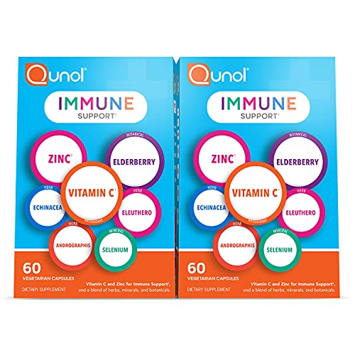 Qunol Immune Support, Vegetarian Capsules, 7 in 1 Immunity Defense Booster Supplement, Vitamin C, Zinc, Elderberry, Echinacea, Selenium, Eleuthero and Andrographis, 2 Packs of 60 Count, 120 Count