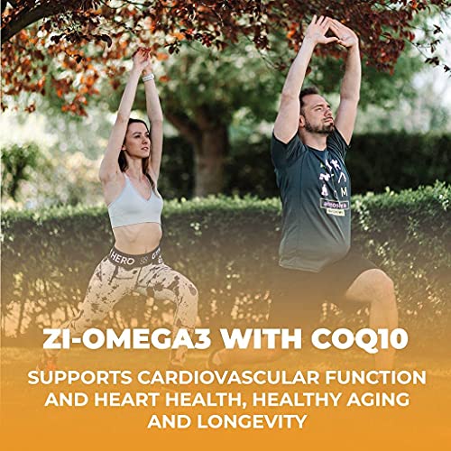 Zi-Omega 3 (1330mg) Softgels with CoQ10 – High Potency Burpless Fish Oil Supplement with EPA DHA – Essential Fatty Acids Capsules for Cardiovascular Health & Antioxidant Support - (60 Gelcaps)