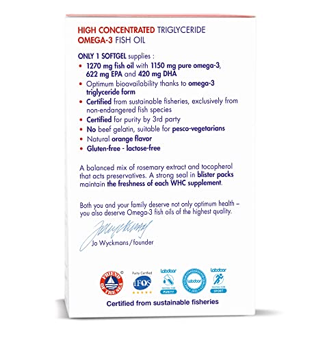 WHC, UnoCardio X2 Fish Oil (60 Softgels), Triglyceride Omega-3 Fatty acids - 1270 mg Fish Oil Supplement (622 mg EPA / 420 mg DHA/Total 1150 mg of Omega-3 per Serving)