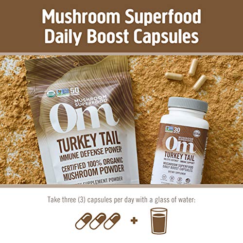 Om Mushroom Superfood Turkey Tail Mushroom Capsules Superfood Supplement, 90 Count, 30 Days, Immune Support, Polysacchrides, Beta-Glucans, Gut Health & Holistic Defense Mushroom Supplement