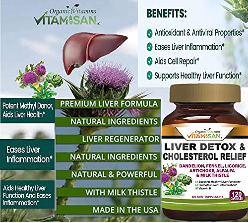 Liver Cleanse Detox Health Supplements with Milk Thistle-Fennel-Alfalfa-Vitamin B-Artichoke-Dandelion Root Support Healthy Liver Function Men & Women 120 Caps Natural Detox Cleanse & Boost Immune