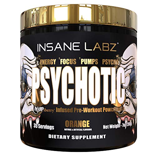 Insane Labz Psychotic Gold, High Stimulant Pre Workout Powder, Extreme Lasting Energy, Focus, Pumps and Endurance with Beta Alanine, DMAE Bitartrate, Citrulline, NO Booster, 35 Srvgs,Orange