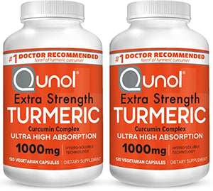 Turmeric Curcumin Capsules, 40x Better Absorption, Qunol 1000mg Extra Strength Supplement, Patented Hydro-Soluble Technology, Alternative to Turmeric Curcumin with Black Pepper, 240 Veggie Capsules