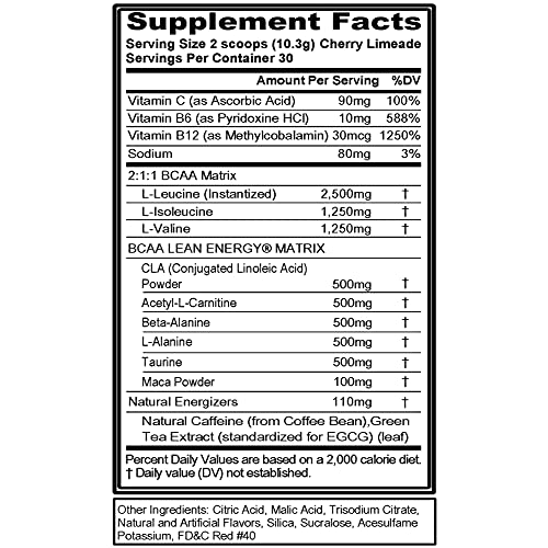 Evlution Nutrition BCAA Lean Energy - Essential BCAA Amino Acids + Vitamin C, Fat Burning & Natural Energy, Performance, Immune Support, Lean Muscle, Recovery, Pre Workout, 30 Serve, Cherry Limeade