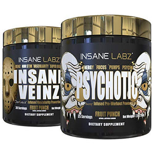 Insane Labz Psychotic Gold and Insane Veinz Gold Pre Workout Nitric Oxide Booster Stack, Increase Muscle Mass, Vascularity, Strength, Energy, Focus, Fruit Punch