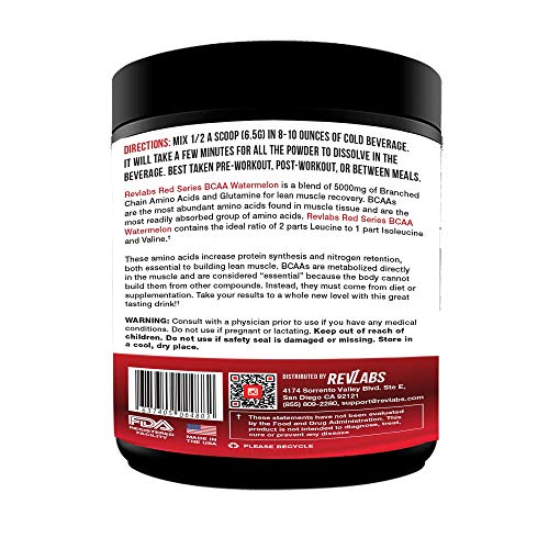 BCAA Plus L-Glutamine by Revlabs - Watermelon Flavor, Branched Chain Essential Amino Acids, Keto Friendly, Post-Workout Muscle Recovery and Muscle Builder, 45 Servings