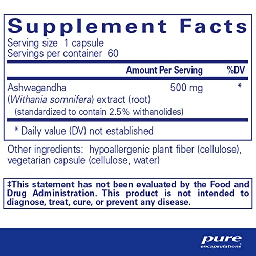 Pure Encapsulations Ashwagandha | Supplement for Thyroid Support, Joints, Adaptogens, Focus, and Memory* | 60 Capsules