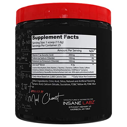 Insane Labz I am God Pre Workout, High Stim Pre Workout Powder Loaded with Creatine and DMAE Bitartrate Fueled by AMPiberry, Energy Focus Endurance Muscle Growth,25 Srvgs, Apple